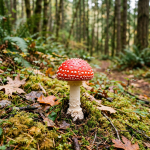 Red fly agaric mushroom with white spots growing on a mossy forest floor