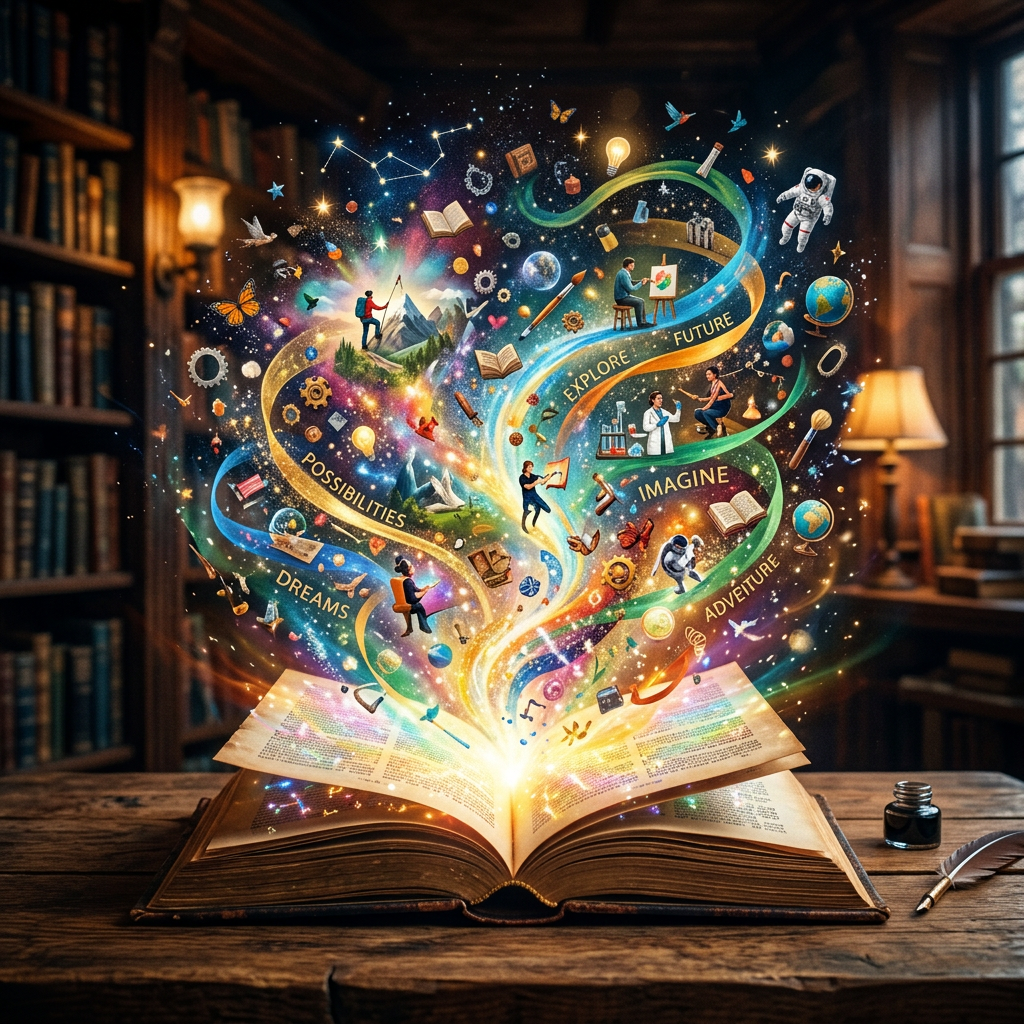 Open book with colorful paths labeled DREAMS, POSSIBILITIES, EXPLORE, IMAGINE, and ADVENTURE