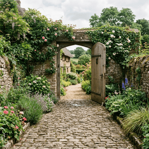 Open wooden gate in a flower-covered stone garden archway