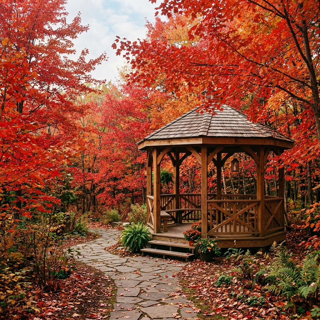 Wooden gazebo beside a stone path in a colorful autumn forest garden