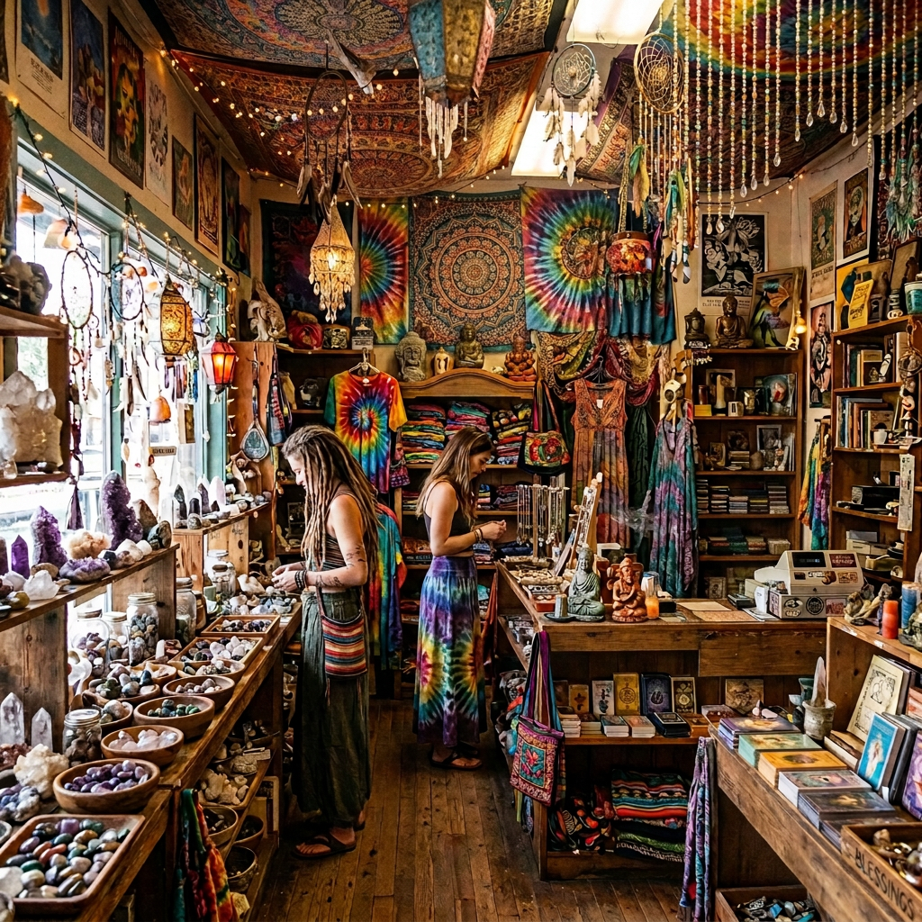 Interior of The Crystal & Cloud Hippie Shop with crystals, jewelry, and shoppers