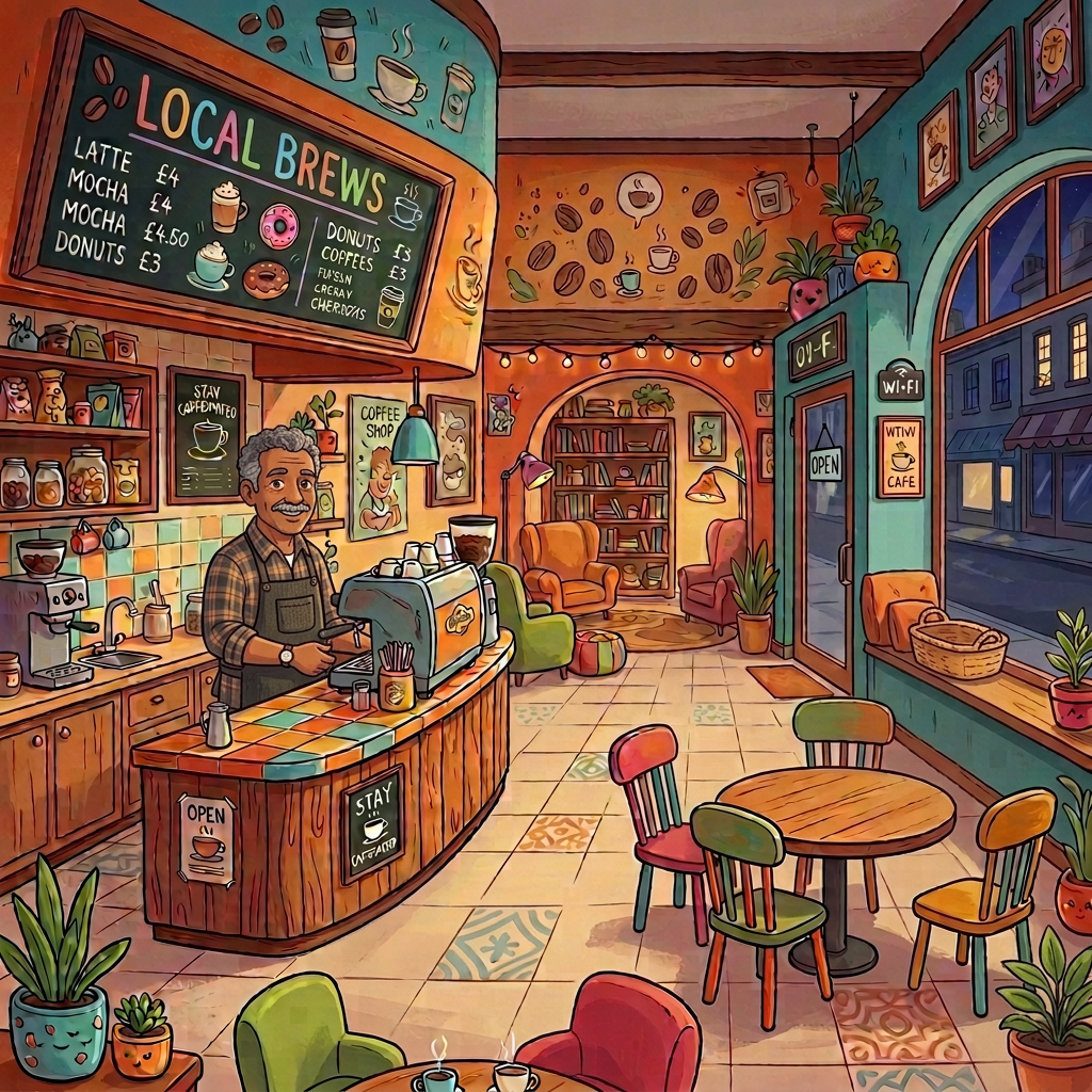 Illustrated café interior with customers, coffee counter, menu, books, and street view