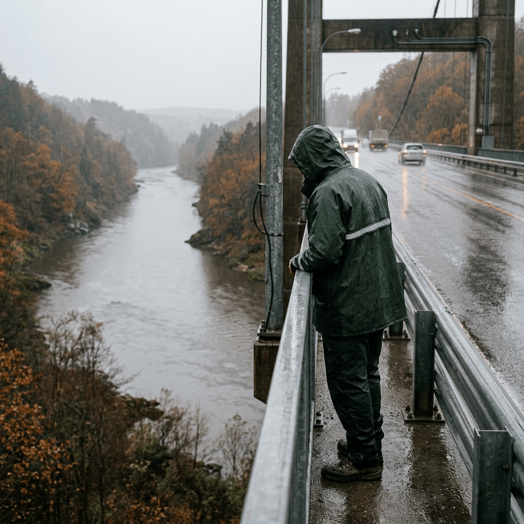 Man on rainy vehicle bridge over river