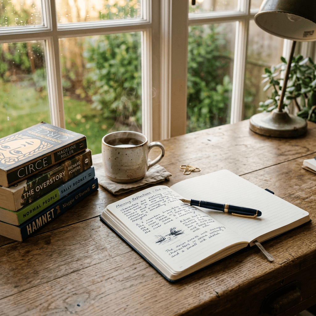 Open journal, steaming coffee, pen, and stack of books beside window