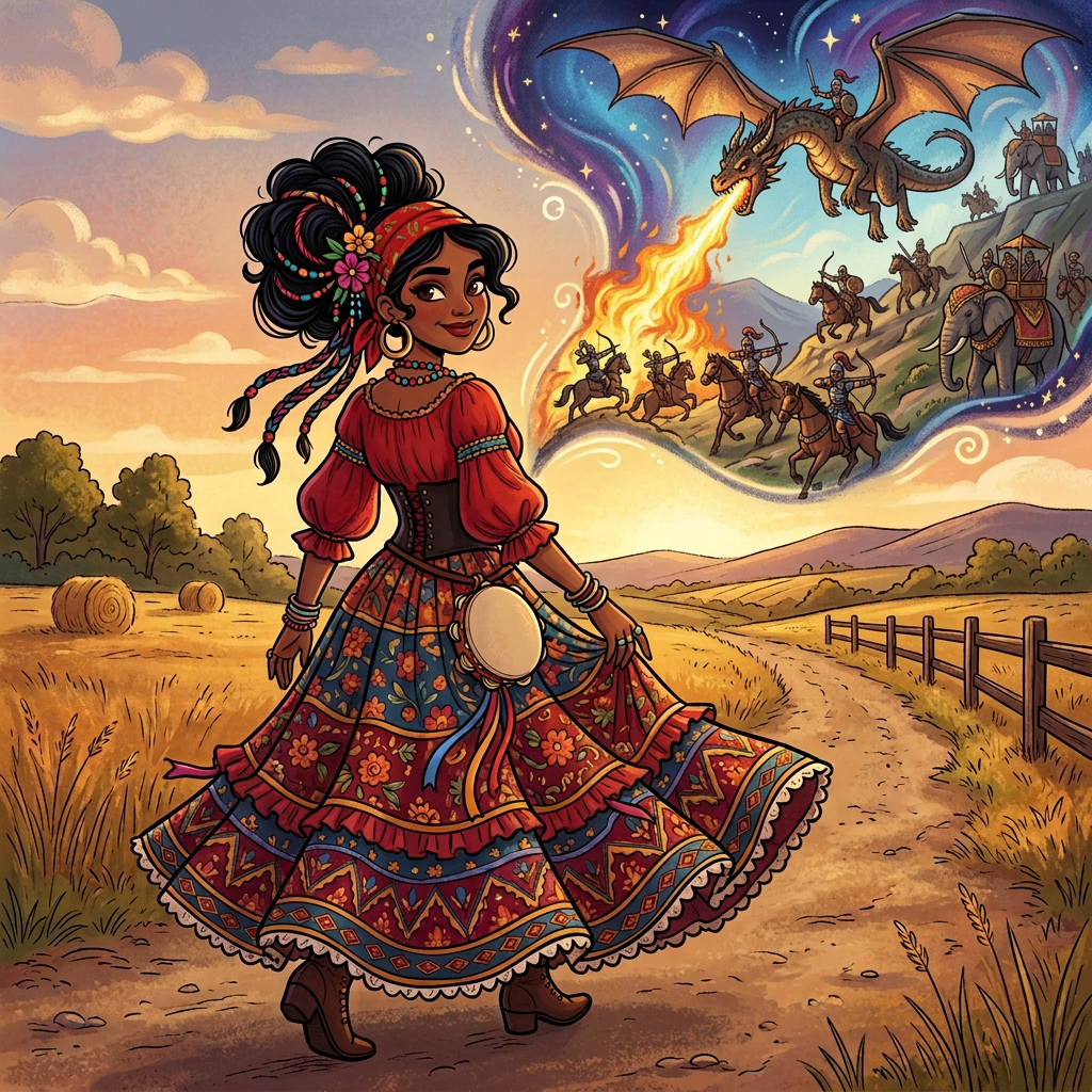 Folkloric Journey Through Magic and Mystery Woman in a colorful folkloric dress walking through fields beneath a magical sky