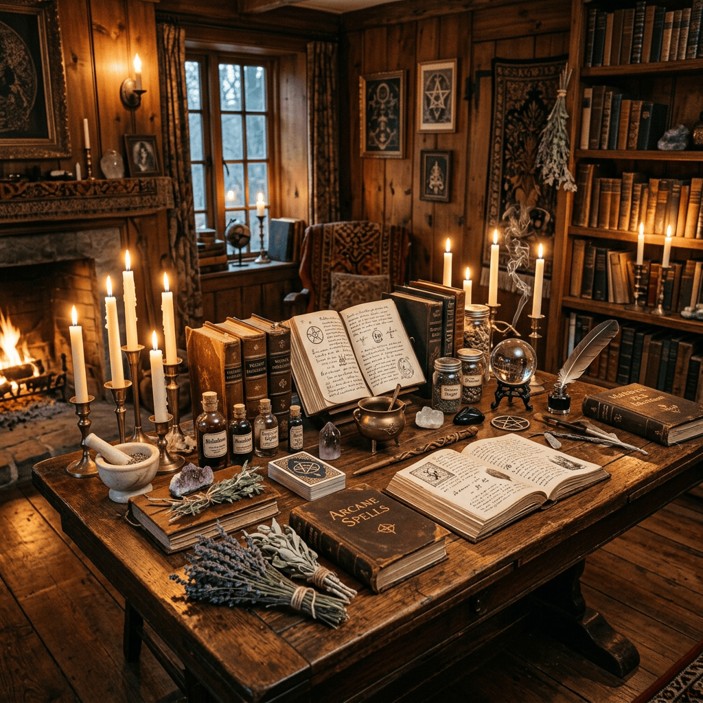 Candlelit study table with spellbooks, herbs, crystals, and ritual tools