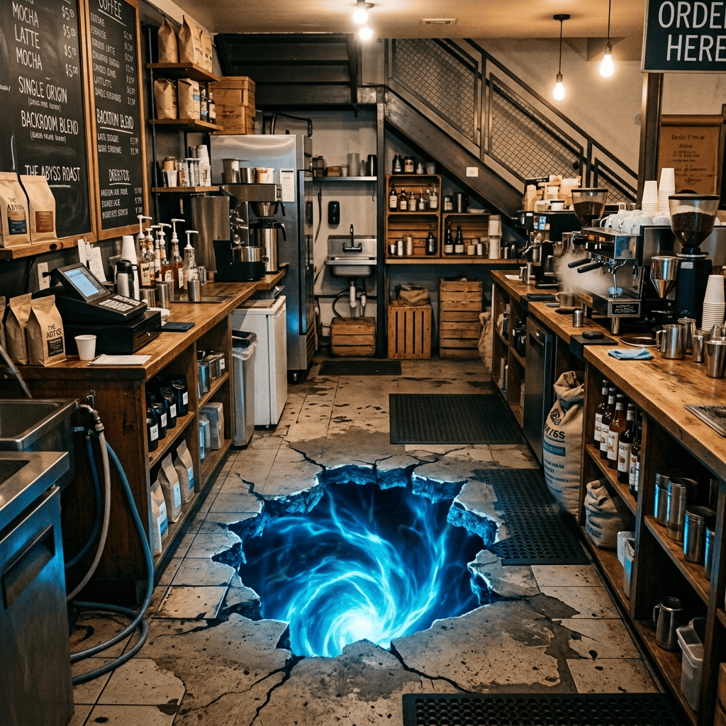 Coffee shop staff working around a glowing blue vortex in the floor